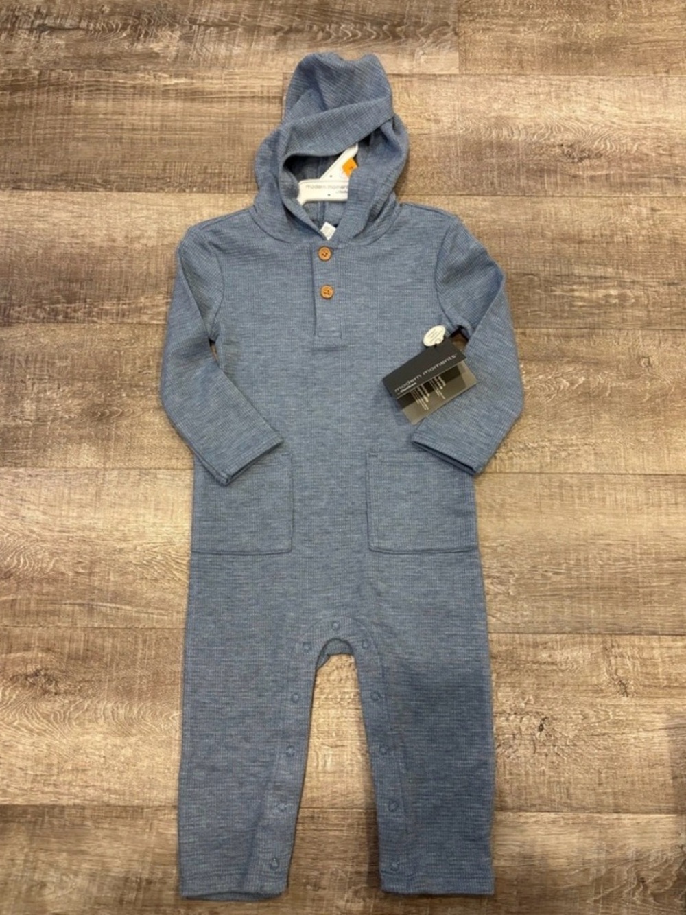Hooded Knit One-Piece Romper in Heather Blue